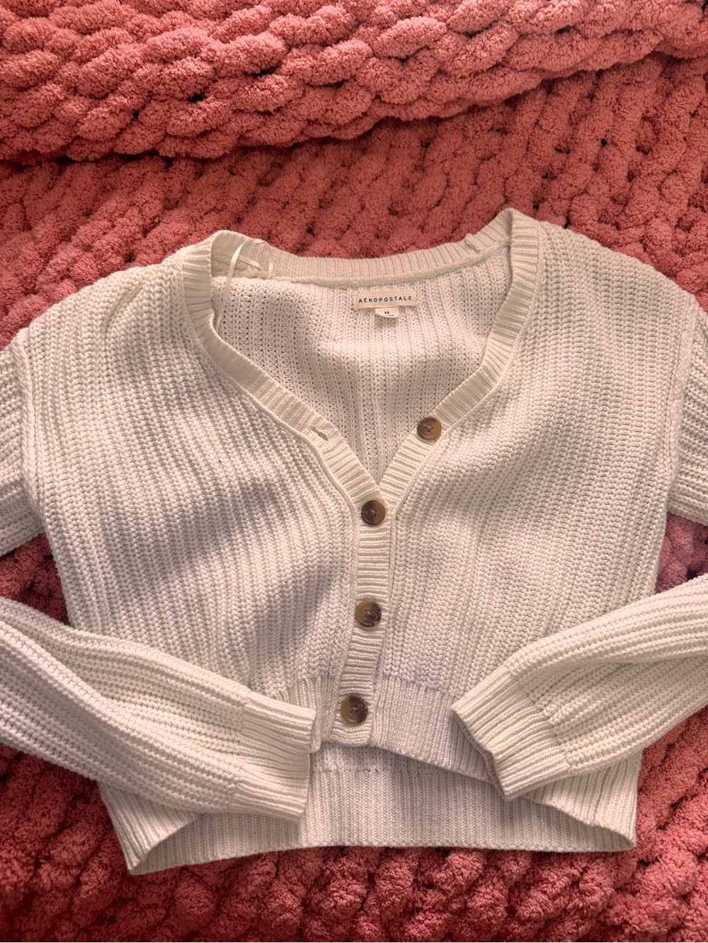 Aeropostale Cream Cropped V-Neck Button Sweater